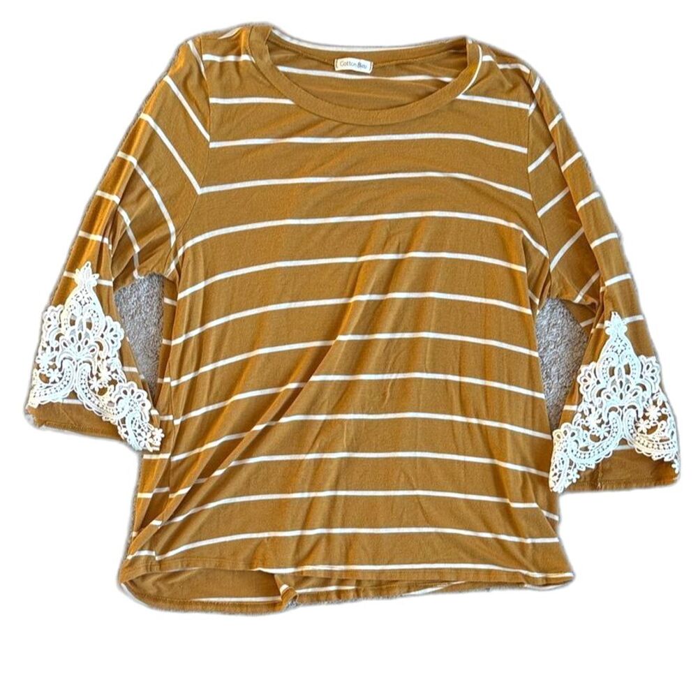Cotton Bleu Yellow Stripe Top Women Large Lace Bell Sleeve Boho 70s Retro Chic